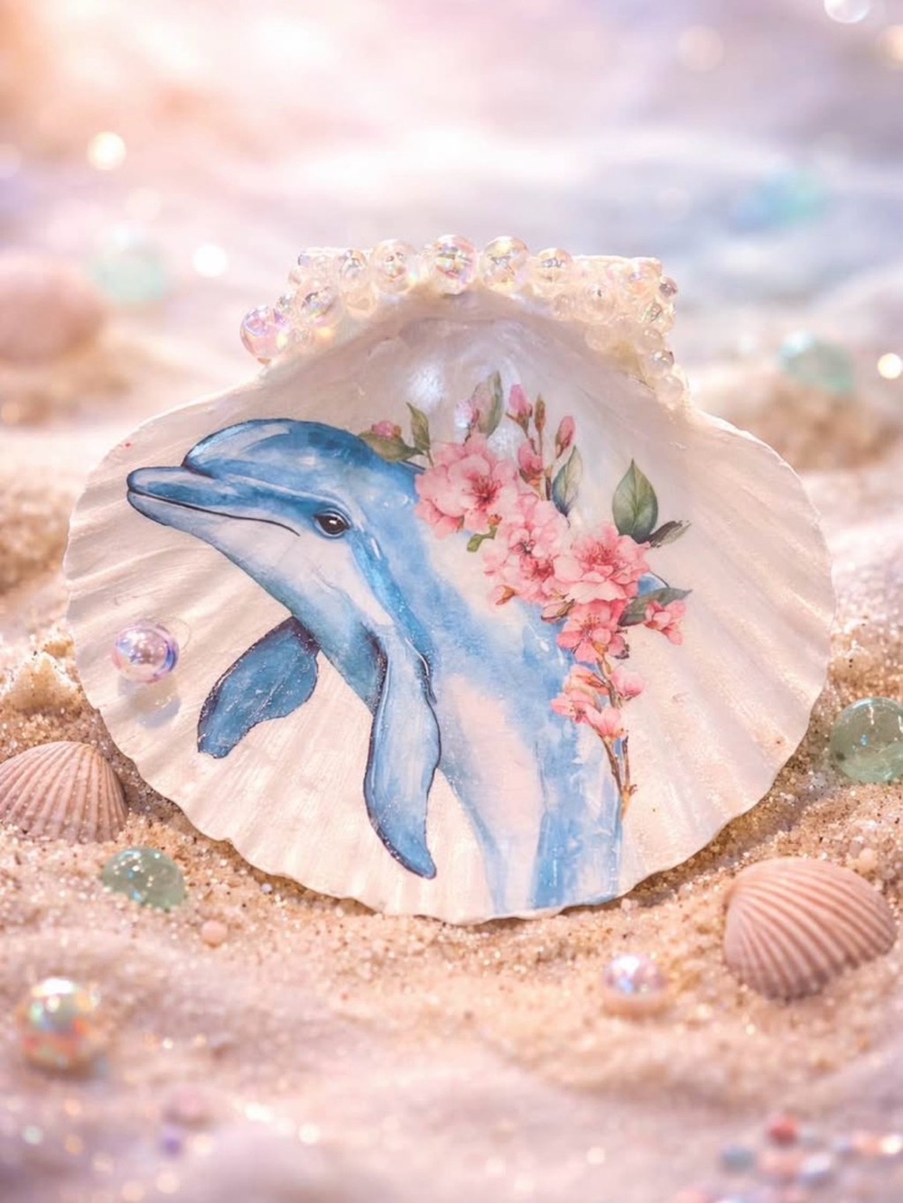 Blue & Pink Dolphin Seashell Ring Holder Hand-Painted Floral Accent